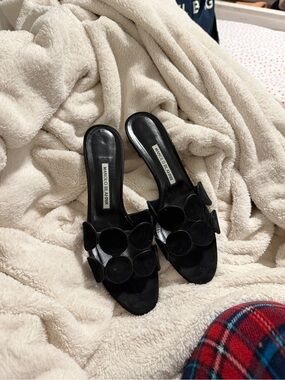 Manolo Blahnik Black Suede Circle Appliqué Slip-On Mules